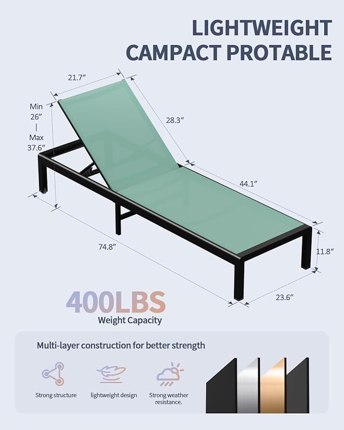 Aluminum Lounge Chairs Outdoor Chaise Furniture,2 Sets Patio Metal Deck Lounger Adjustable 5-Position Poolside Chase Recliner with Wheels for Beach,Coffee Table, (Green, 2 Chair)