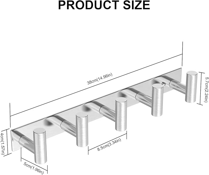 VAEHOLD Silvery Hat and Coat Wall Mount Rack - 5 Hooks for Robes, Bags, Keys, and Towels - Bathroom Towel Hanger Organizer (2 Pack)