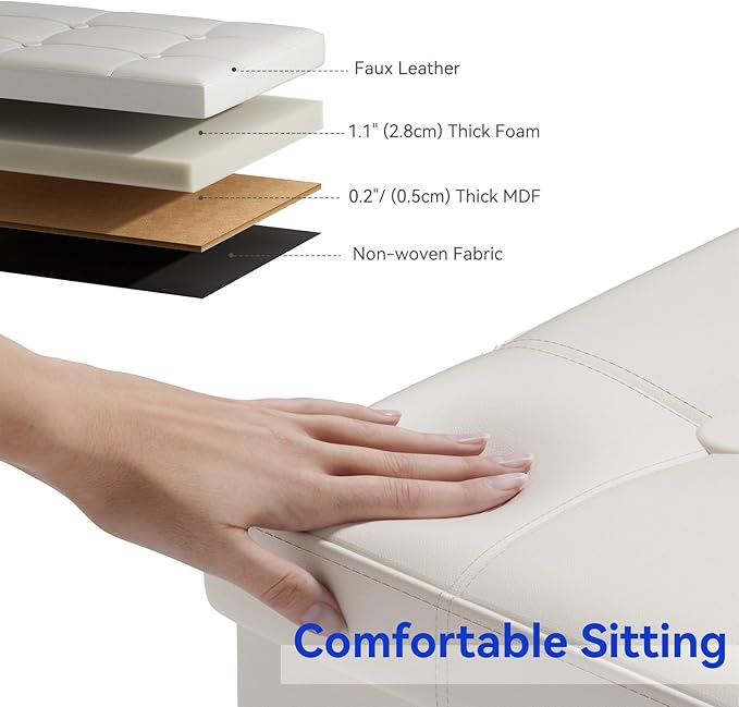BRIAN & DANY 30 Inches Storage Ottoman Bench, Faux Leather Ottoman with Storage, Folding Bench Shoe, Foot Rest Stool, for Living Room, White
