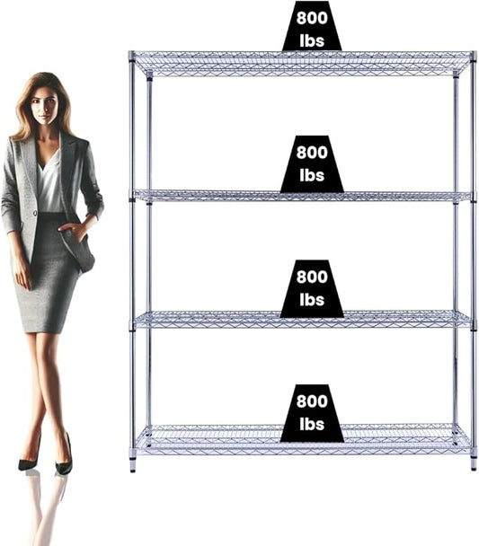 NSF Commercial 4-Tier Wire Shelving with Wheels, 60"x18"x72" Heavy Duty Metal Shelves 3200 lbs Max Capacity, Chrome Storage Rack for Garage Kitchen Pantry Warehouse