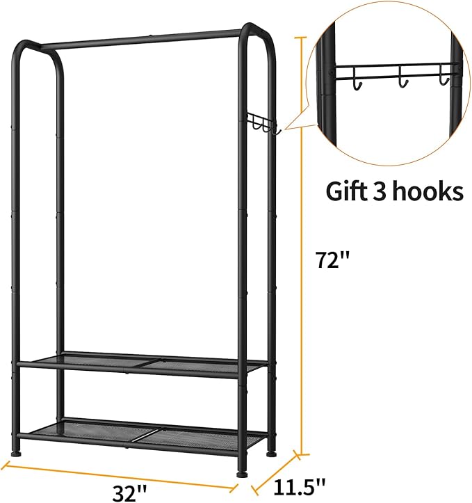 SINGAYE Coat Clothes Storage Organizer Garmen Rack Portable Closet Clothing Racks for Hanging Clothes Heavy Duty Freestanding Wardrobe Laundry with Shelves Black 11.5" D x 32" W x 72" H