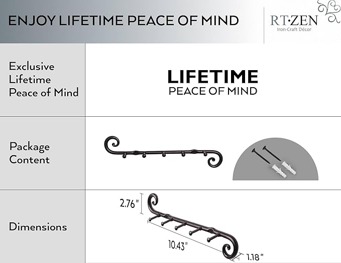 RTZEN Farmhouse Small Key Holder for Wall - Handcrafted Swirl Decorative 5 Key Hooks for Home Entryway - Wrought Iron Wall Mount Rack Purse Coat and Leash Holder or Organizer (Classic Black)