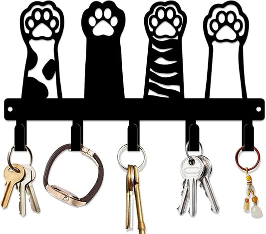 magilab Cat-Themed 10-Inch Iron Key Hooks with 5 Hooks, Black Wall Organizer - Cute Cat Design for Home Decor, No Drill & Screw-in Options (Style C)