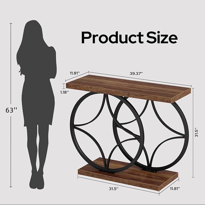39.4" Console Table, Industrial Entryway Table with Anti-Tilt Design, Narrow Wood Accent Sofa Table Behind Couch with Double Circle Base for Entryway, Living Room, Hallway, Foyer