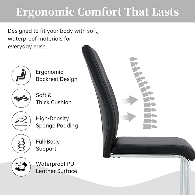 63" Modern Black Dining Table Set for 6 with Chairs, 7 Piece Rectangular Dining Room Table and 6 PU Leather Chairs, Kitchen Dining Set with Matte Wood Finish, Geometric Base, Easy Assembly