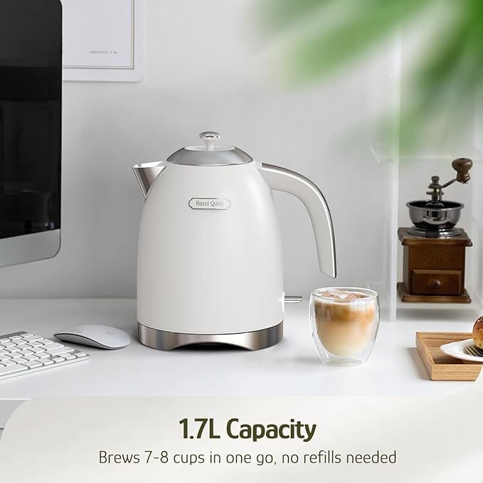 Hazel Quinn Electric Kettle - 1.7 Liters (57oz) Stainless Steel Water Kettle, BPA-Free Interior, 1200W Fast Boiling, Cordless, Rotational Base, Automatic Shut Off & One-Touch LED - Pearl White