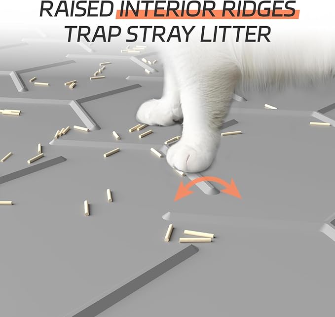 Silicone Cat Litter Mat with Raised Edges, Waterproof/Urineproof, Litter-Collecting Interior Ridges, Soft & Pet-Friendly (24"x16"-Grey)