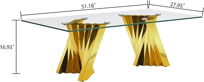 Goujxcy Modern Glass Coffee Table 51" Gold Center Table with Tempered Glass Top and Mirror Finish Stainless Steel Legs, Luxury Rectangular Coffee Table for Living Room Apartment (Gold)