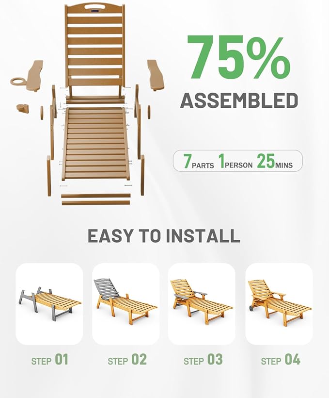 Lounge Chair Outdoor, Chaise Lounge, HDPE 6-Position Outdoor Chaise Lounge, Patio Lounge Chair with Wheels & Cup Holder for Pool Poolside Deck Backyard, Teak