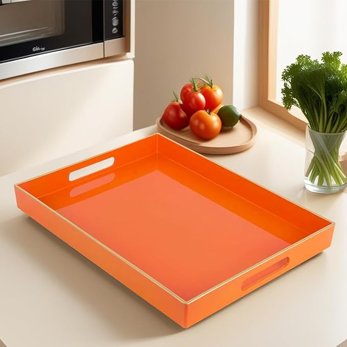 Large Decorative Tray, Orange Serving Tray with Handles, Plastic Coffee Table Tray for Living Room, Ottoman, Bathroom, Kitchen, Decor, 15.7”*11.8”