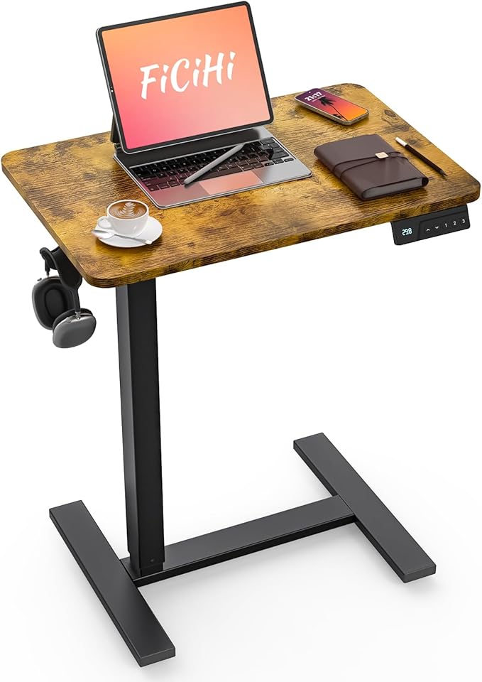 FiCiHi Small Electric Standing Desk - Adjustable Height Bedside Laptop Table with Wheels, Mobile, Portable Rolling Computer Workstation Sit Stand Table for Home Office,Sofa,Couch(28x16,Rustic Brown)
