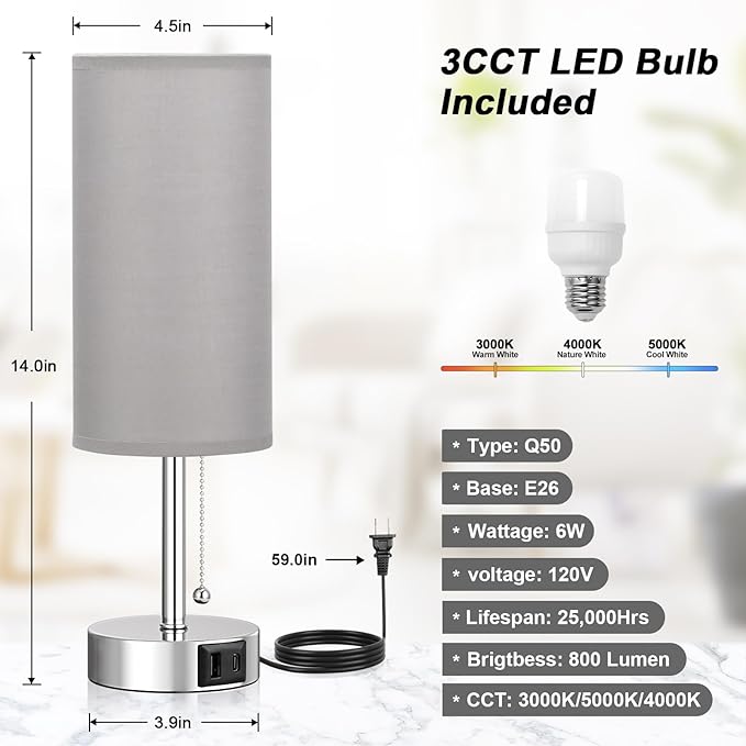 Silver Bedside Lamps for Bedroom Set of 2 - Nightstand Table Lamp with USB A + C Charging Port, 3 Color Temperatures Pull Chain Night Stand Light, Side Table Desk Reading Lamp for Living Room/Dorm