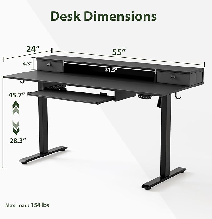 Agilestic Electric Standing Desk with 2 Drawers and Keyboard Tray, 55 x 24 Inches Ergonomic Adjustable Height Desk with Storage, Sit Stand up Desk Computer Workstation, Black