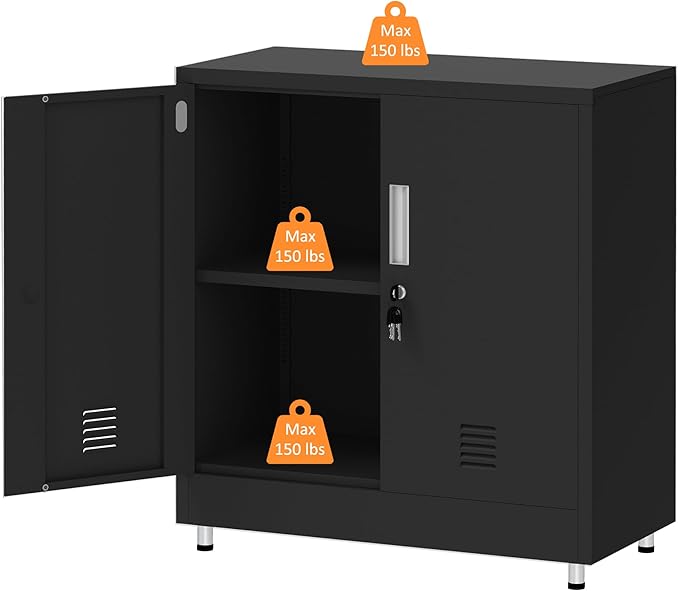Metal Storage Cabinet with Locking Doors and Adjustable Shelf, Small Lockable Sideboard Buffet Cabinet for Home, Office, Entryway, Hallway, Living Room, Kitchen and Dining Room (Black)