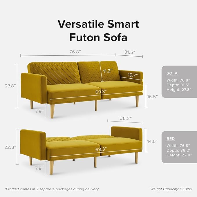 mopio 76.4" Futon Sofa Bed, Couch, Loveseat, Sleeper Sofa, Mid Century Modern Futon Couch, Sofa Cama, Couches for Living Room (Antique Gold Premium Velvet)