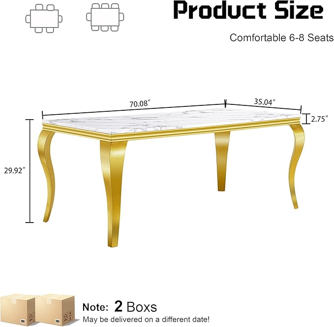 70" Large Marble Dining Table for 4-6 People, Modern Kitchen Table with Faux Marble top and Stainless Steel Legs, Perfect for Home Kitchen Living Room, White,Gold