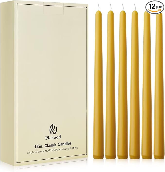New Burning Formula Unscented Dripless 12-Inch Taper Candles Set of 12 - Spicy Mustard, for Wedding, Dinner - Smokeless, Long Burning - Hand Poured, Colored Tall Candlesticks - Mostaza Picante