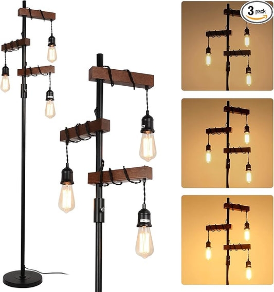 Dimmable Industrial Floor Lamp, Farmhouse Tree Floor Lamp, 68 Inch 3 Lights Wood Standing Lamp, Sturdy Base Tall Vintage Pole Light, Metal Black Floor Lamps for Living Room Bedroom Office Rustic Home