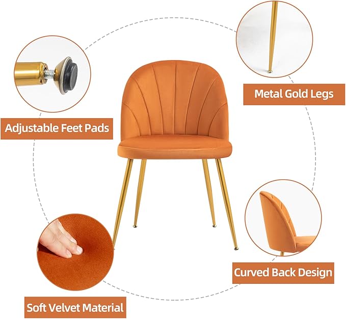 Velvet Dining Chairs Set of 4, Upholstered Mid Century Modern Dining Chairs, Armless Accent Chair with Metal Gold Legs for Living Room, Kitchen, Dining Room, Orange