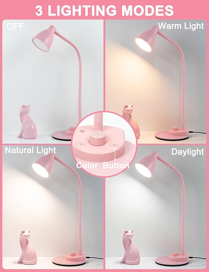 BOHON Cute Desk Lamp with USB Charging Port, Pink Lamp 3 Color Modes Dimmable LED Reading Lamp, Flexible Neck Auto Dimming Table Task Light for Home Office Dorm Bedside, Pink