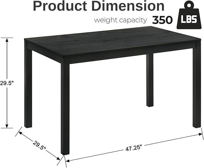 VESCASA Black Wood Dining Table with 4 Black Solid Wood Legs, 47.25" L Dinner Table for Dining Room, Kitchen, Restaurant