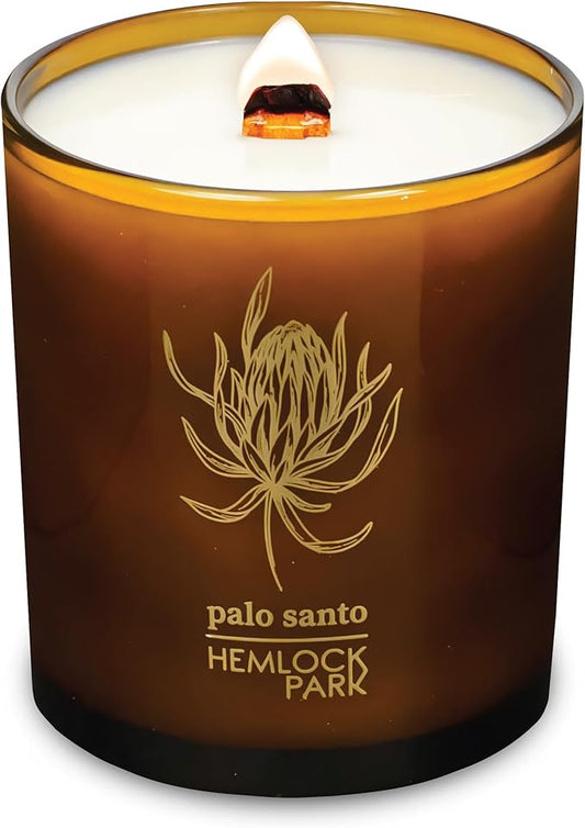 Hemlock Park Amber & Gold Wood Wick Candle Handcrafted with Natural Coconut Wax (Large 14 oz, Palo Santo)
