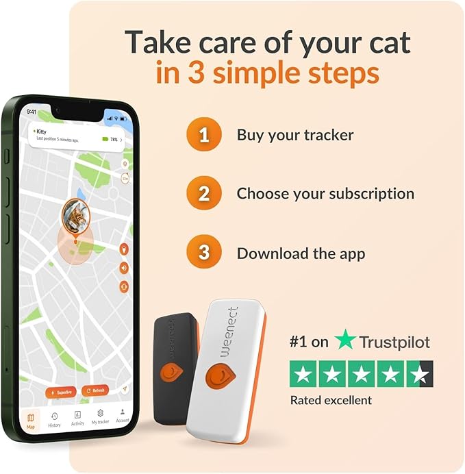 Weenect Cat XS - New GPS Tracker for Cats | Real-time Mini GPS Tracker for Cats | Smallest Model on The Market | Collar Included | Subscription Required