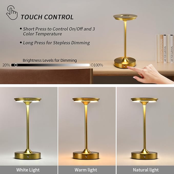 2 Pack Rechargeable Table Lamp, LED Cordless Table Lamp, 5000mAh Battery Operated Portable Table Light,Dimming for Restaurant/Patio/Outdoor(Gold)