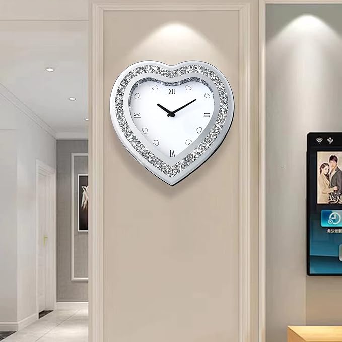 Wall Clock, Heart-Shaped Mirror Wall Clock, Cute Diamond 12-inch Non-Ticking Clock for Wall Décor, Perfect Home Decor for Bedroom, Dining Room(Excluding Batteries.)