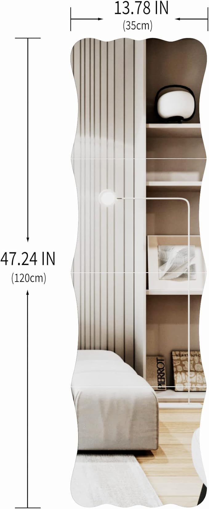 Wavy Full Length Mirror Shatterproof Acrylic Wall Mirror Tiles 47" x 14"(4 Pcs 12"x14"), Non-Glass Safety Body Mirrors for Baby Kids Playroom, Frameless Dorm Door Gym