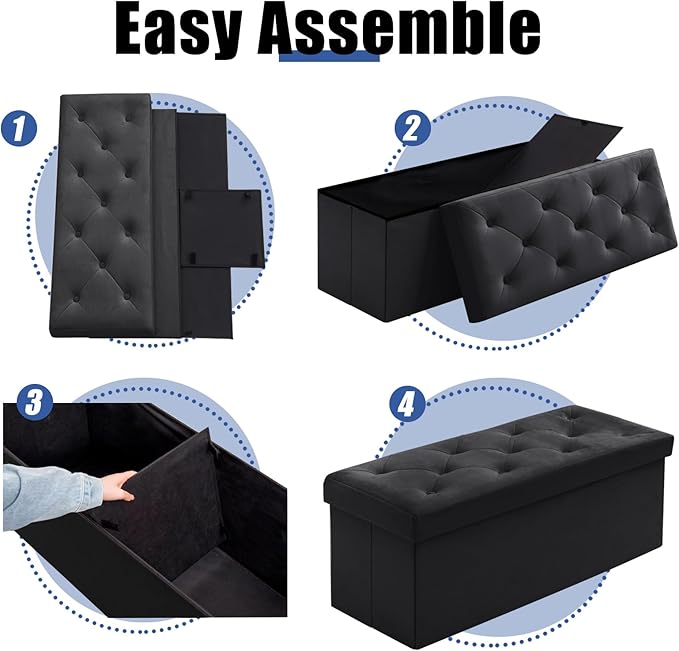 BRIAN & DANY 43 Inches Folding Storage Ottoman Bench, Velvet Ottoman with Storage for Living Room, Long Shoes Bench,Flannelette Footrest Benches Seat (Black)