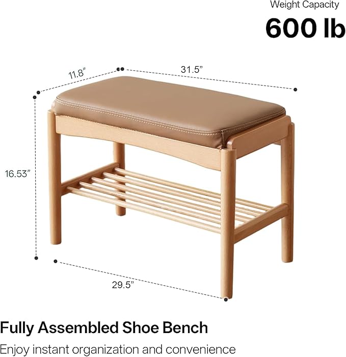 Solid Wood Shoe Bench Assembled, Shoe Rack Bench with Silicone Leather Cushion for Entryway, Living Room, Bedroom, Hallway, 11.8" x 31.5" x 16.5", Natural & Brown