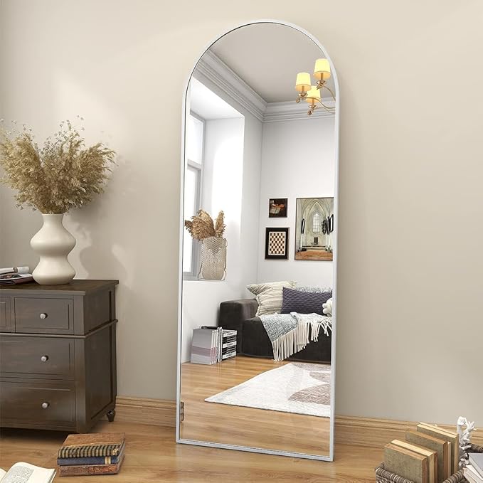 BEAUTYPEAK 64"x21" Arch Full Body Floor Mirror, Full Length Mirror Hanging or Leaning Arched-Top, Wall Mirrors with Stand for Bedroom, Dressing Room, Silver