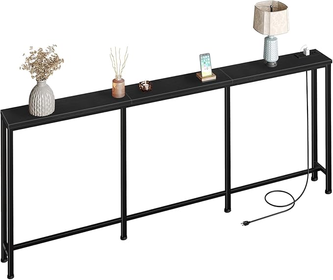 78.7" Narrow Console Table with Power Outlet 7.1" Skinny Sofa Long Behind Couch Table with Charging Station for Hallway, Living Room Black TXG20UBB