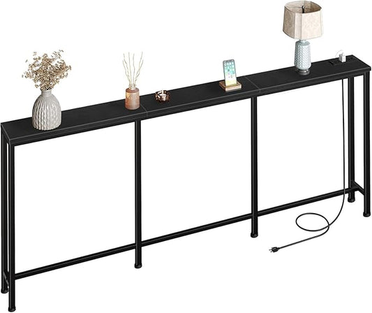 78.7" Narrow Console Table with Power Outlet 7.1" Skinny Sofa Long Behind Couch Table with Charging Station for Hallway, Living Room Black TXG20UBB