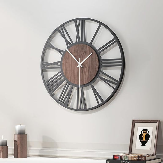 Wall Clock, Modern Clocks for Living Room Decor, 16 inch Wood Walnut Dial Decorative Wall Clock Battery Operated, Non Ticking Silent Black Metal Clock for Bedroom, Kitchen, Office-Roman Numerals