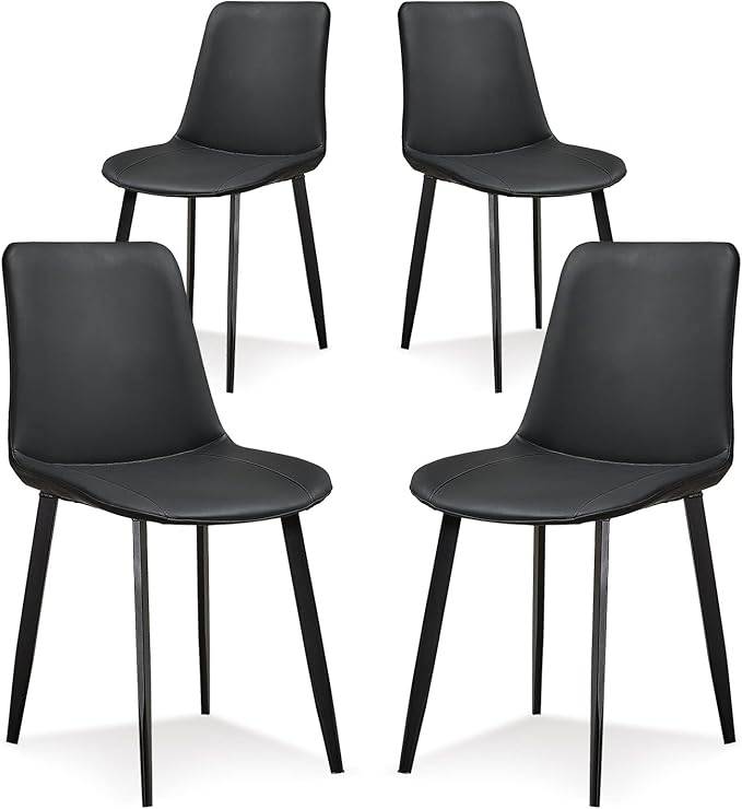 Black Dining Chairs Set of 4, Faux Leather Mid Century Modern Chairs with Metal Chair Legs, Kitchen Chairs for Dining Room, Restaurant, Living Room