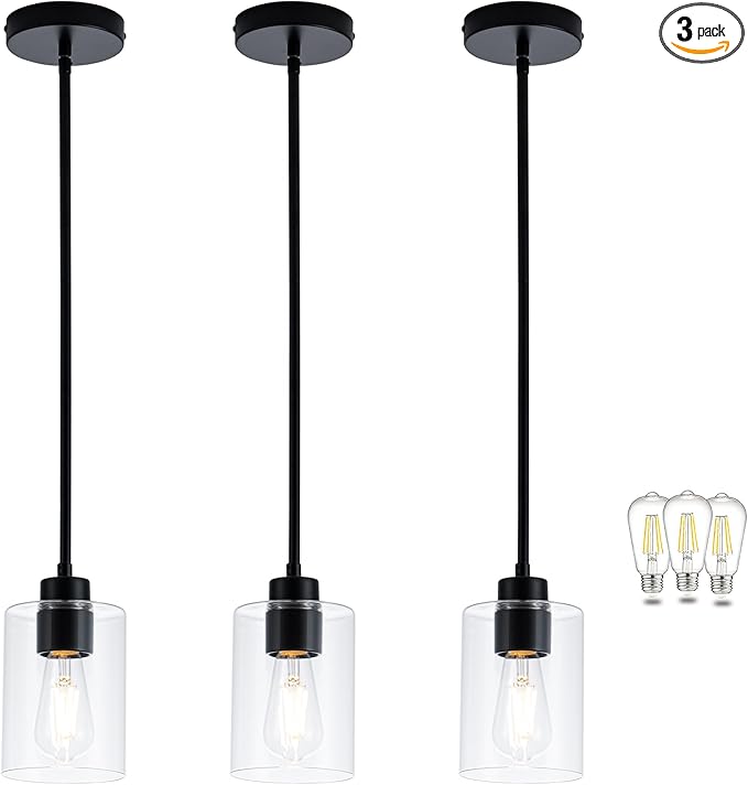 MAYNA 3-Pack Black Kitchen Island Lighting Over Table, Linear Industrial Chandelier with Glass Shades, Adjustable Rods Ceiling Lights for Kitchen, Breakfast Nook (Bulbs Included)
