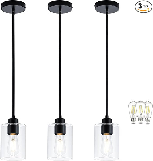 MAYNA 3-Pack Black Kitchen Island Lighting Over Table, Linear Industrial Chandelier with Glass Shades, Adjustable Rods Ceiling Lights for Kitchen, Breakfast Nook (Bulbs Included)