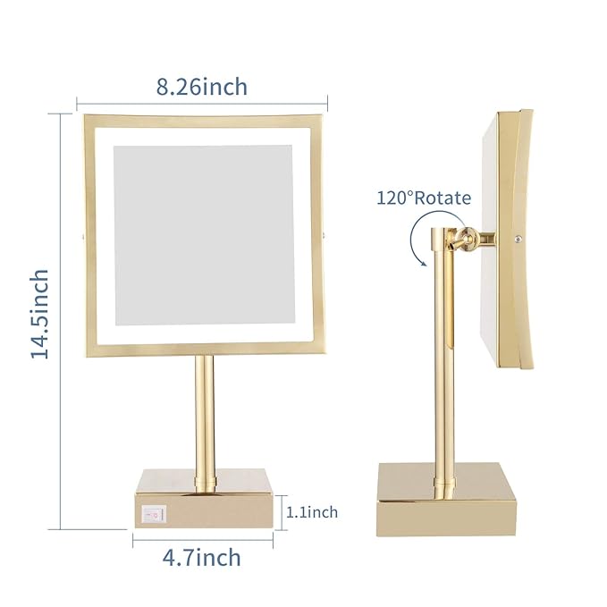 DOWRY Tabletop LED Lighted 5X Magnifying Makeup Mirror Square with Plug 8 Inch Polished Gold Finished