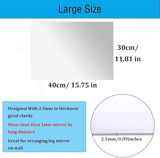 DARENYI 16"x12" Acrylic Mirror Sheet, Flexible Non Glass Body Mirror Tiles Large Self Adhesive Mirror Stickers for Bathroom Bedroom Home Wall Decor (2pcs)