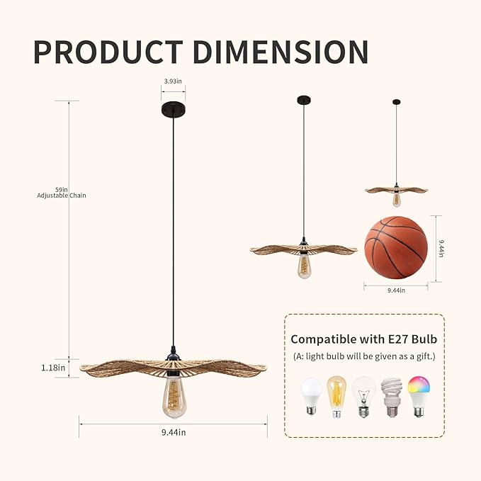 10.2''Small Natural rattan chandelier Pendant Lights -Farmhouse Boho rattan hanging lamp with Included E27 Bulb, 120V wicker pendant lamps for Dining Room Kitchen Island Bedroom living room