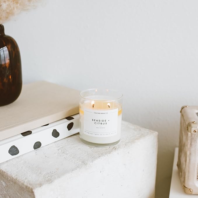 Calyan Wax Co. Sea Mist & Freesia 2 Wick Scented Candle - 37 Hour Burn - Luxury Non Toxic Soy Wax Candles - Long Lasting Large Glass Jar Candle for Home - 8.8oz