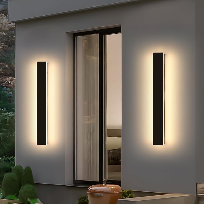 2 Pack 23.6inch Long Outdoor Led Wall Lights, IP65 Waterproof Black Outside Porch Lights, 3000K Warm White, 24W, Modern Exterior Wall Sconces Lighting for Garage, Patio, House, Garden