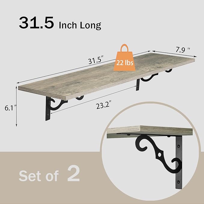 DINZI LVJ Long Wall Shelves, 31.5" Large Floating Shelves Set of 2, Farmhouse Display Shelf Wall Mounted with Heavy Duty Brackets, Easy Assembly for Kitchen, Bathroom, Bedroom, Balcony, Gray Wash