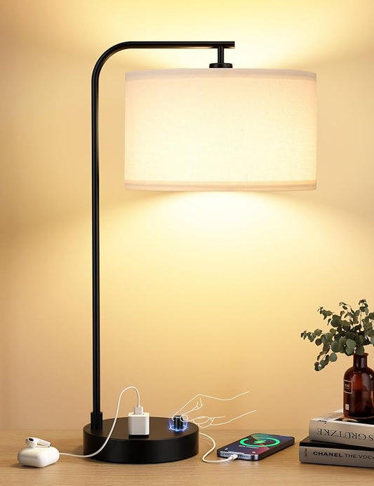 Innqoo White Side Table Lamp with USB Port and Outlet, Dimmable Nightstand Bedside Lamps with Linen Lampshade, Desk Lamp for Bedroom, Living Room, Guest Room, Home Office, LED Bulb Included