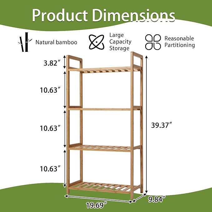 Bamboo Shelf, 4-Tier Bookcase Storage Shelves, Small Book Rack Shelving Unit, Multipurpose Storage Display Shelf for Bathroom Kitchen Living Room Office (4T- Natural)