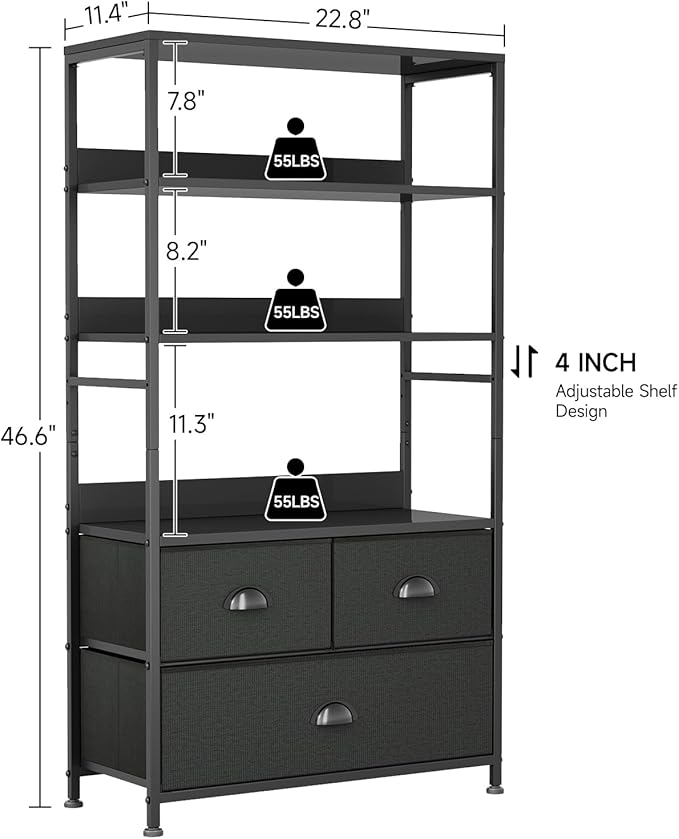 6 Tier Bookshelf, 47-Inch Small Bookcase with 3 Fabric Storage Drawers, Wood and Metal Book Shelf Storage Organizer, Industrial Display Standing Shelf Unit for Bedroom, Living Room, Black