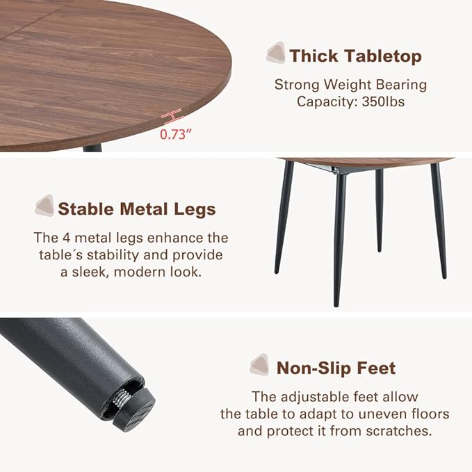42" Round Dining Table for 4, 54" Oval Dining Table for 6, Extendable Kitchen & Dining Room Table with Metal Legs, Modern Rustic Space-Saving Adjustable Shape Dinner Table, Easy Assembly,Walnut