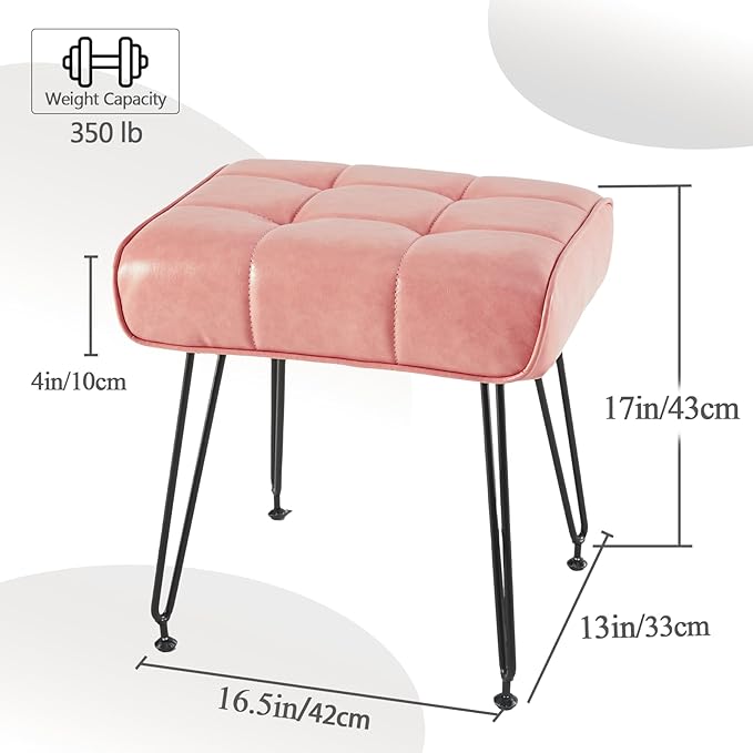 PU Leather Vanity Stools, Vanity Stool Chairs for Makeup Faux Leather Foot Stools Ottoman with Metal Leg Make up Chairs for Vanity Small Bench Seat for Living Room Bedroom (Pink)